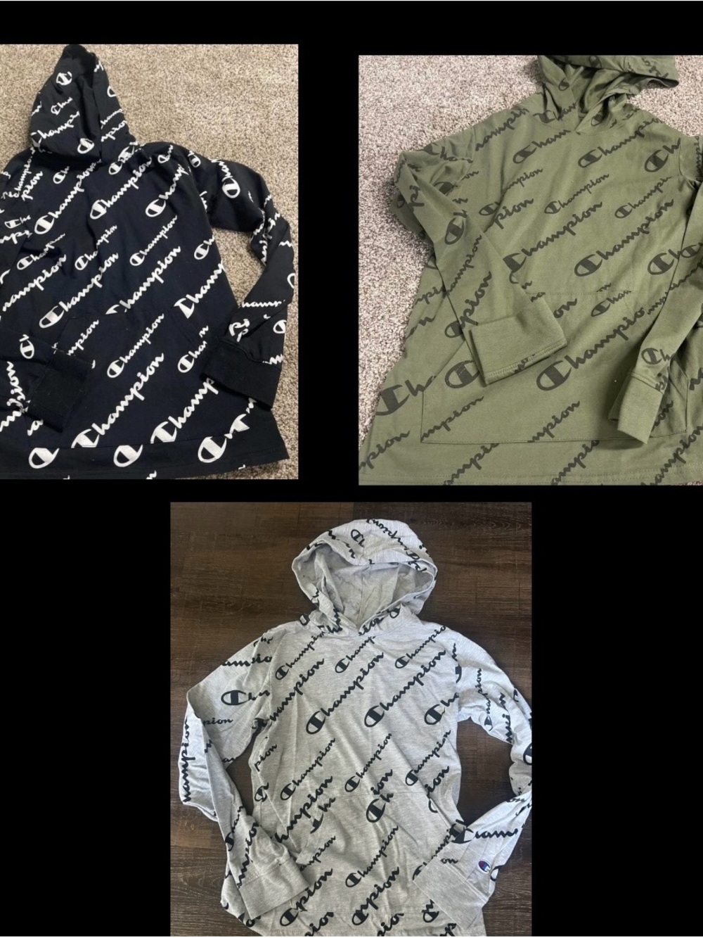 Champion Allover Logo Hoodies in Black, Olive, Gray